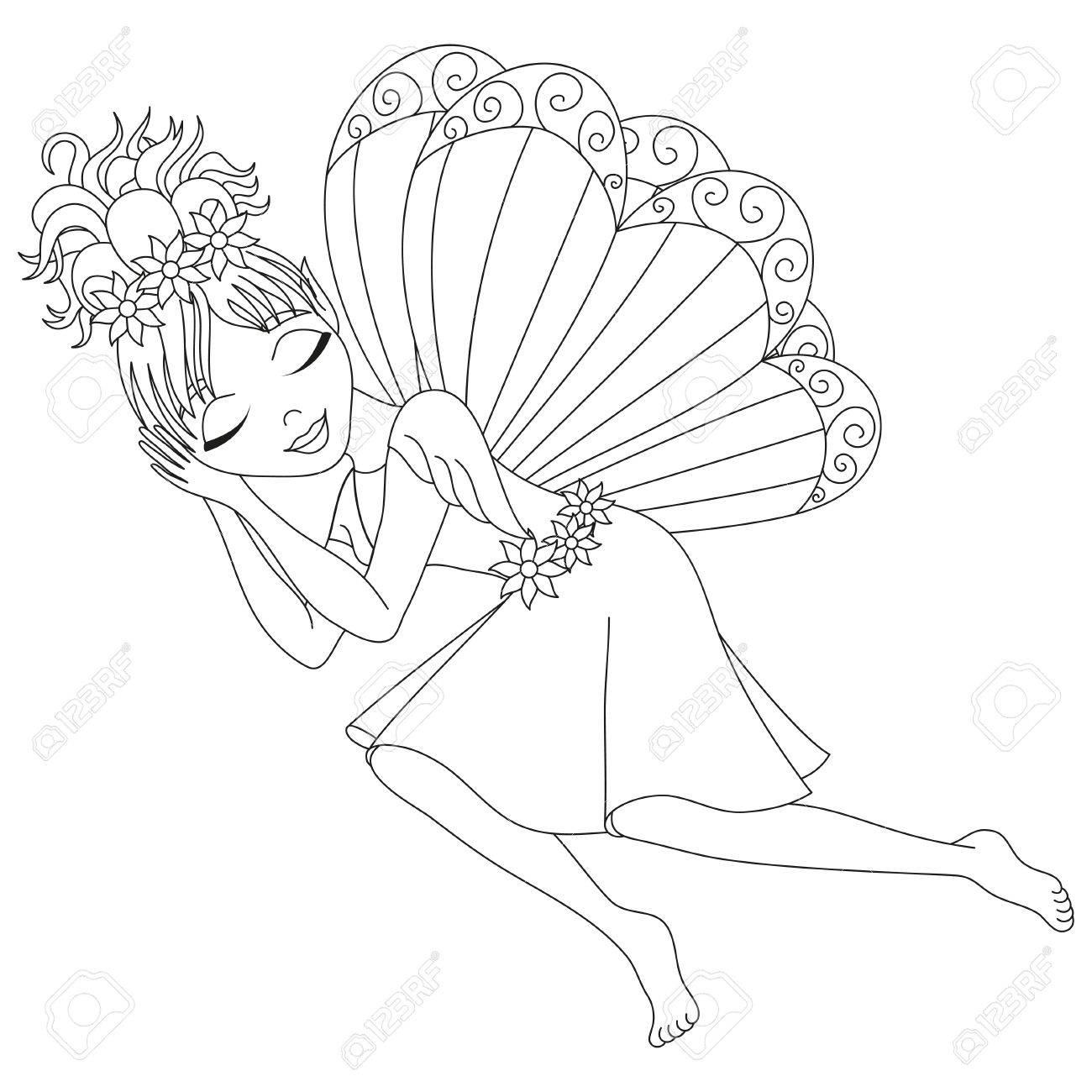 翼とドレスのかわいい妖精が寝て ベクトル図 子供用本ページを着色のイラスト素材 ベクタ Image