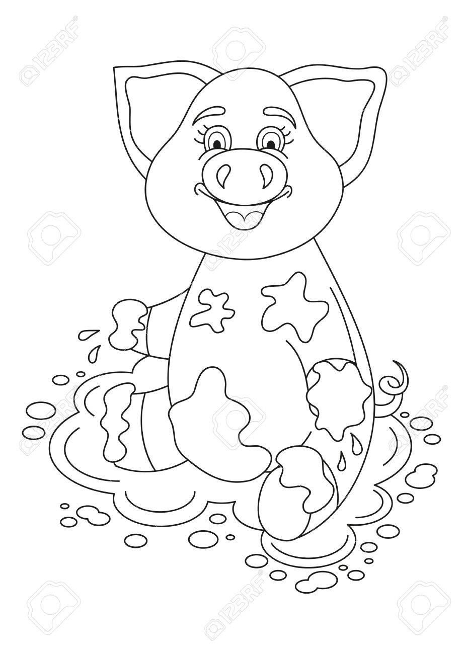 Vector illustration of cute pig in a puddle, funny piggy sits on dirt puddle, coloring book page for children - 59832808 Vector illustration of cute pig in a puddle, funny piggy sits on dirt puddle, coloring book page for children - 59832808
