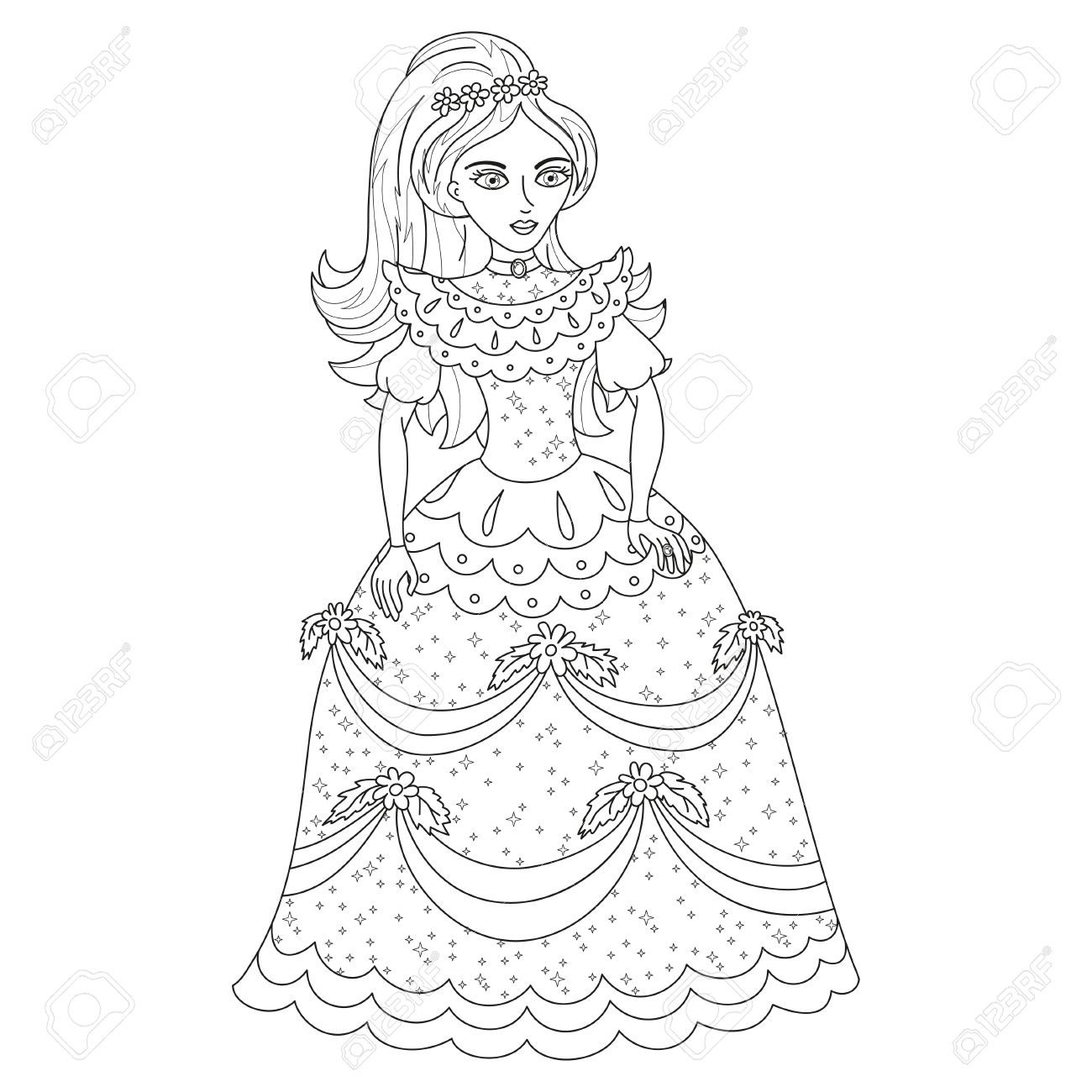 姫 輝くドレス スパンコールでイラストでかわいい姫子供のため本ページを着色 のイラスト素材 ベクタ Image 5903