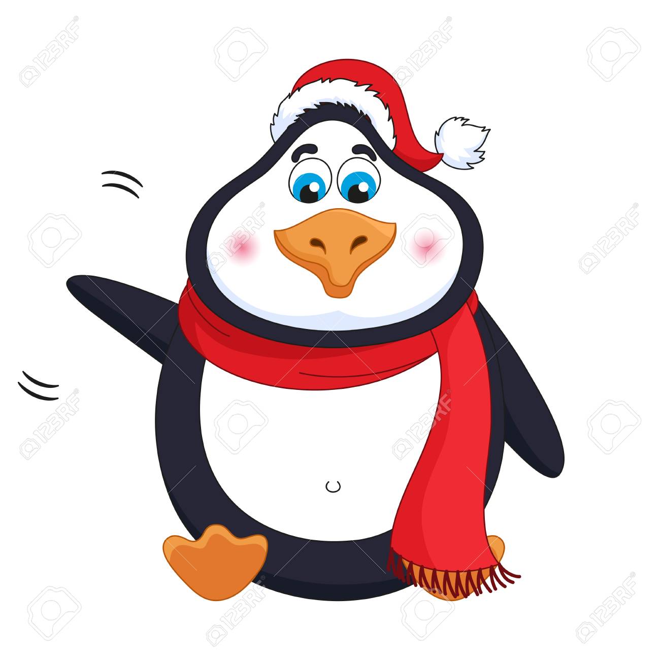 New Years cheerful cute penguin in winter red hat and scarf sits, fat birdie welcomes, waves paw, greets, funny character, vector illustration - 111849170 New Years cheerful cute penguin in winter red hat and scarf sits, fat birdie welcomes, waves paw, greets, funny character, vector illustration - 111849170