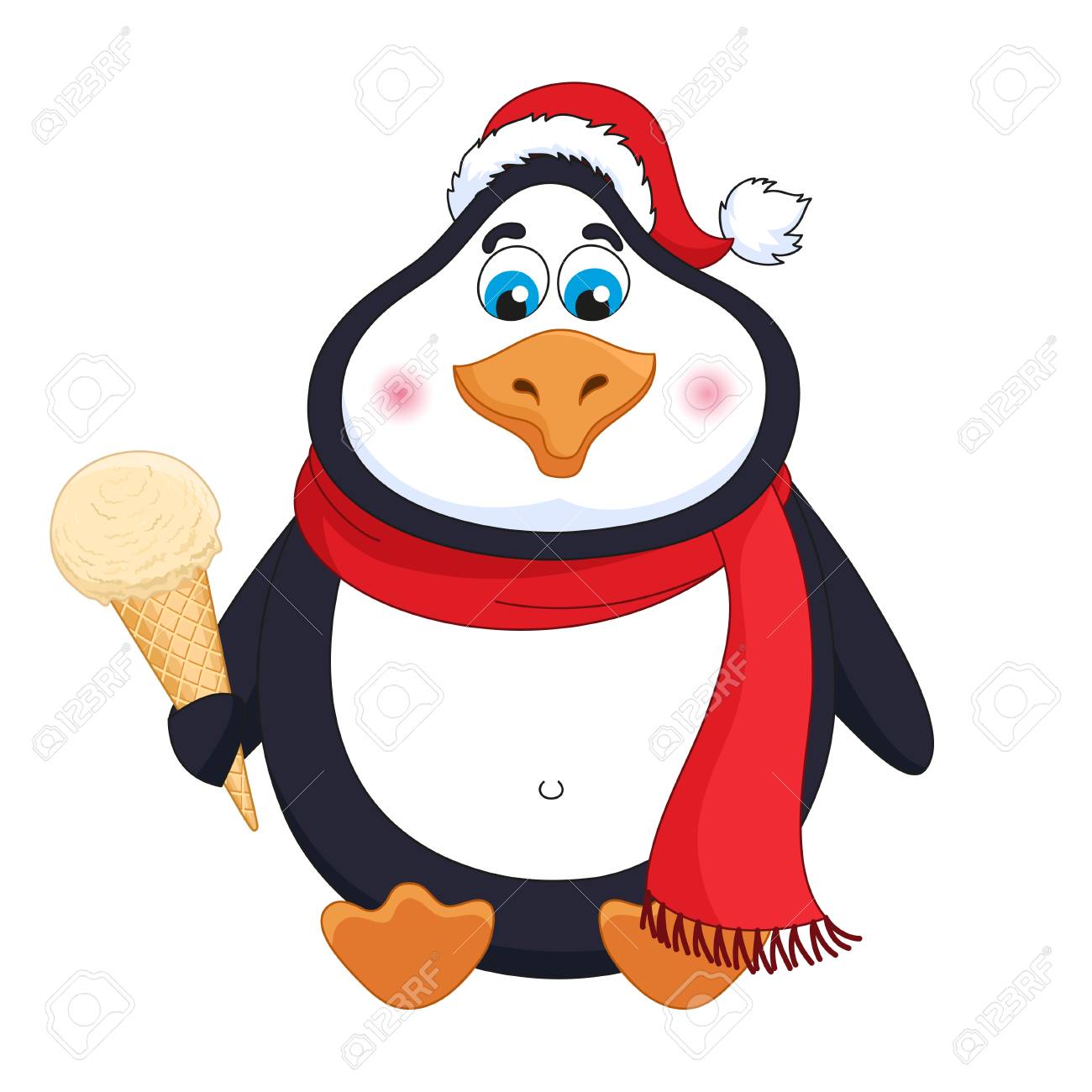 Cartoon penguin in red hat with caramel cream ice-cream in horn sits, vector illustration - 111849174 Cartoon penguin in red hat with caramel cream ice-cream in horn sits, vector illustration - 111849174