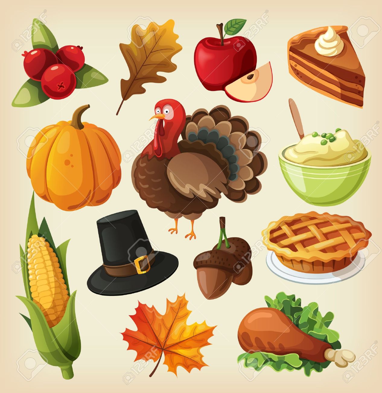 set of colorful cartoon icons for thanksgiving day royalty free