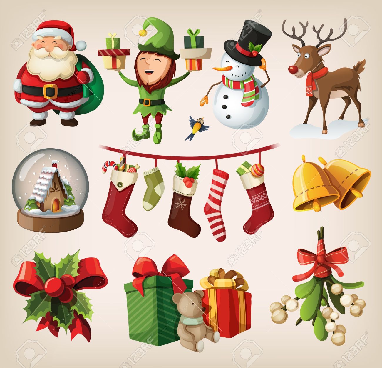 Set of colourful christmas characters and decorations