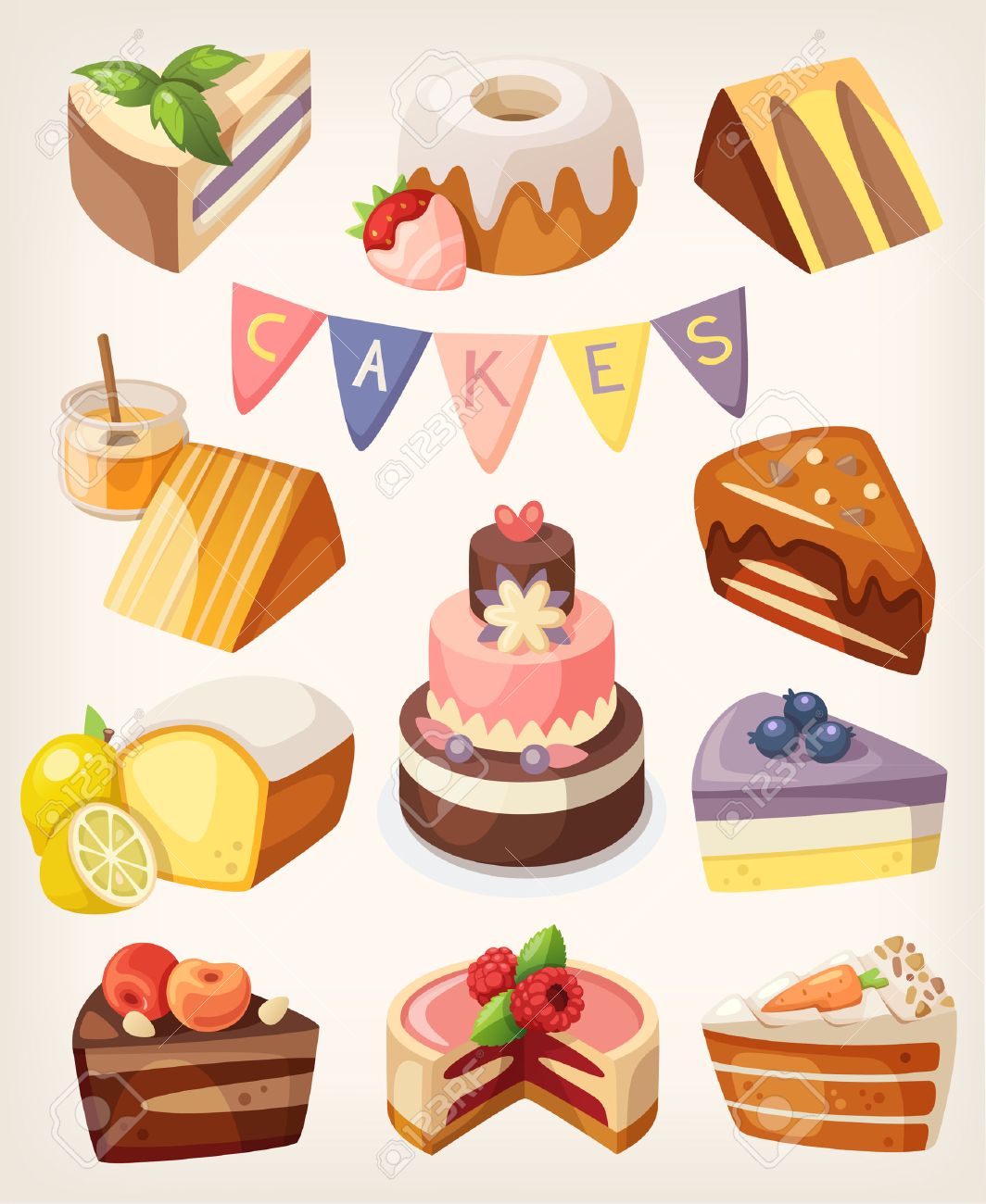 Set of coloful tasty pieces of cakes, slices of pies, and other..
