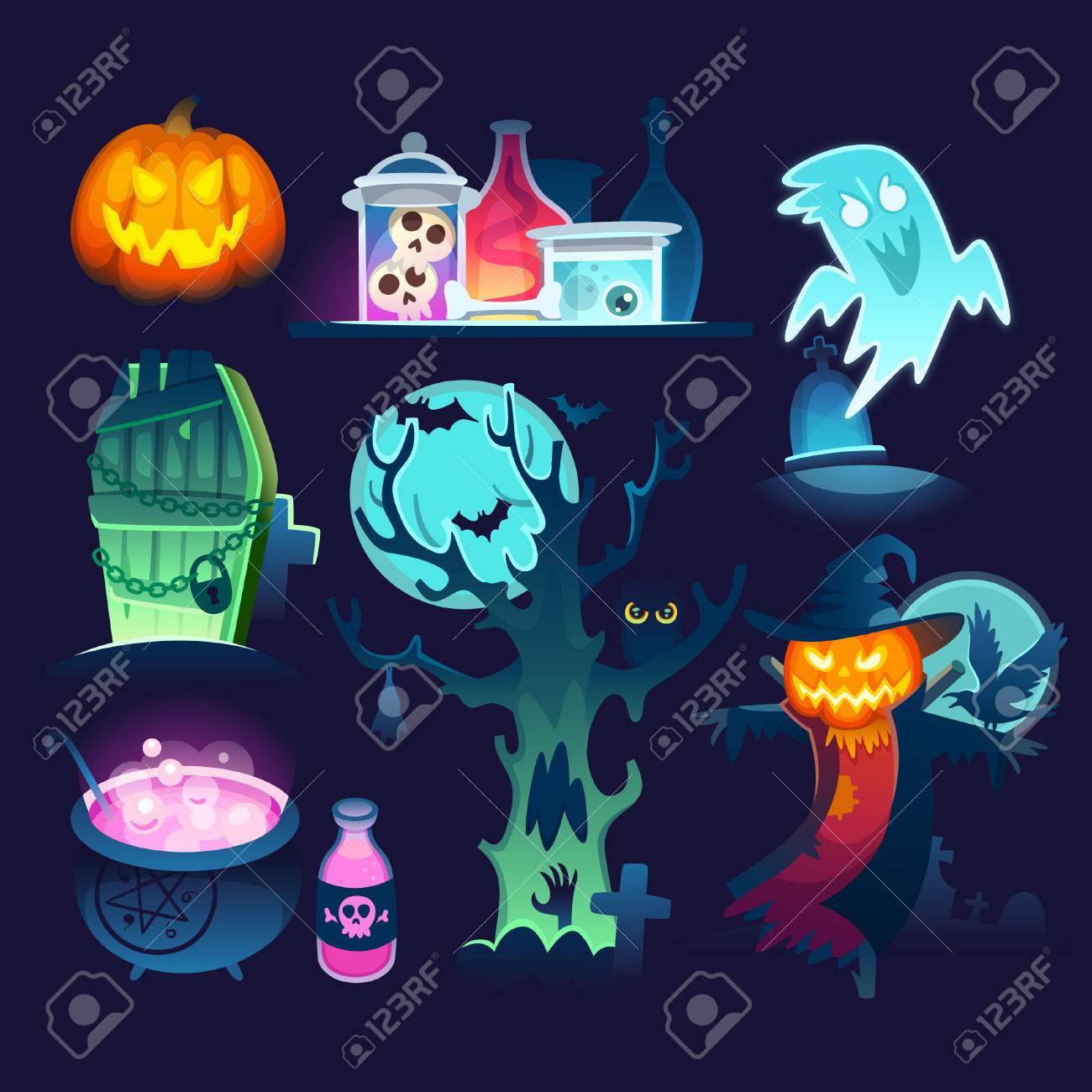 ゴーストで 素晴らしい Screcrow 墓地と瓶と魔女の小屋からポーション曲がった木のカラフルなハロウィーン イラストのセットです のイラスト素材 ベクタ Image