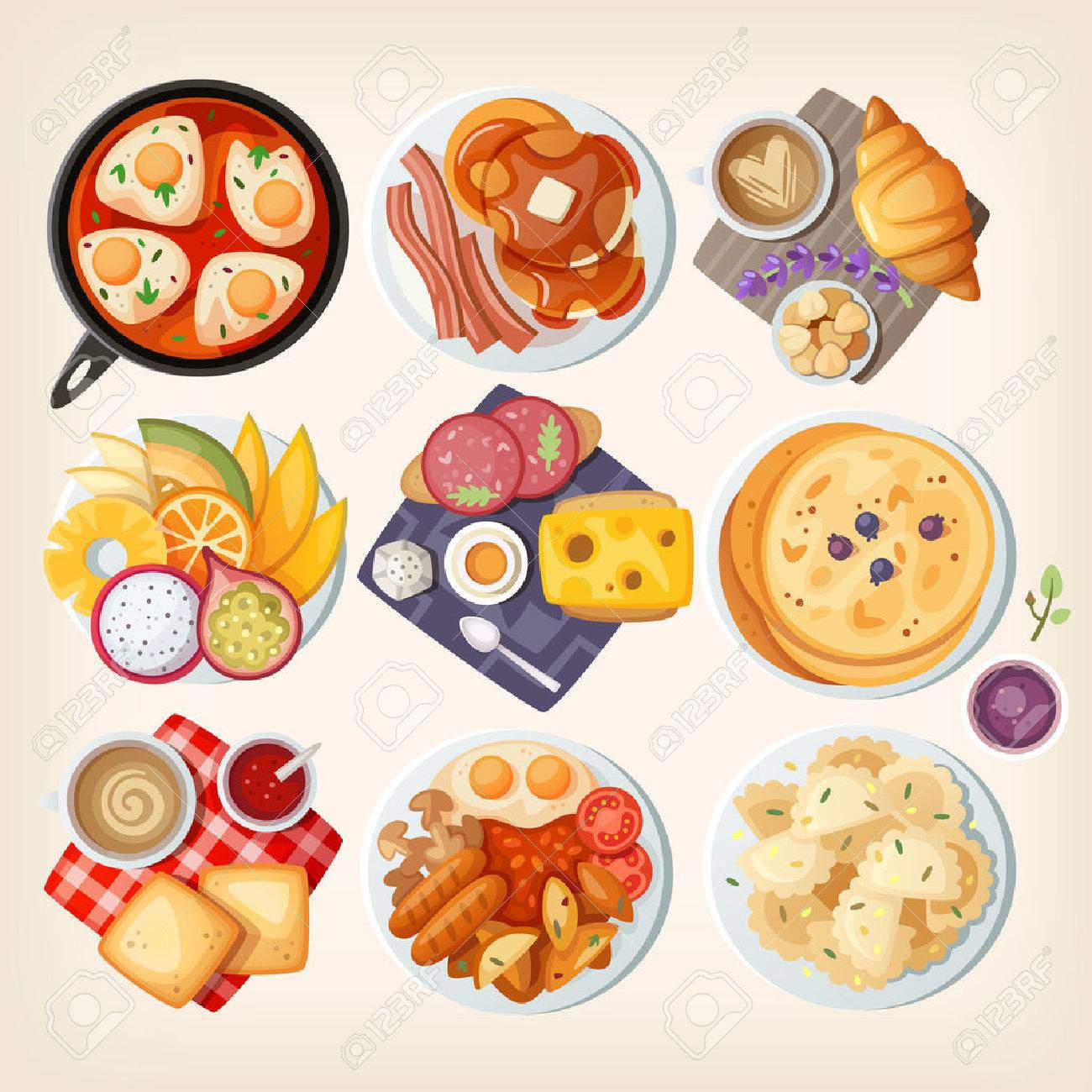 さまざまな国から伝統的な朝食料理 イスラエル共和国 米国 フランス ハワイ アメリカ デンマーク スウェーデン イタリア イギリス ポーランド ベクトル イラスト のイラスト素材 ベクタ Image