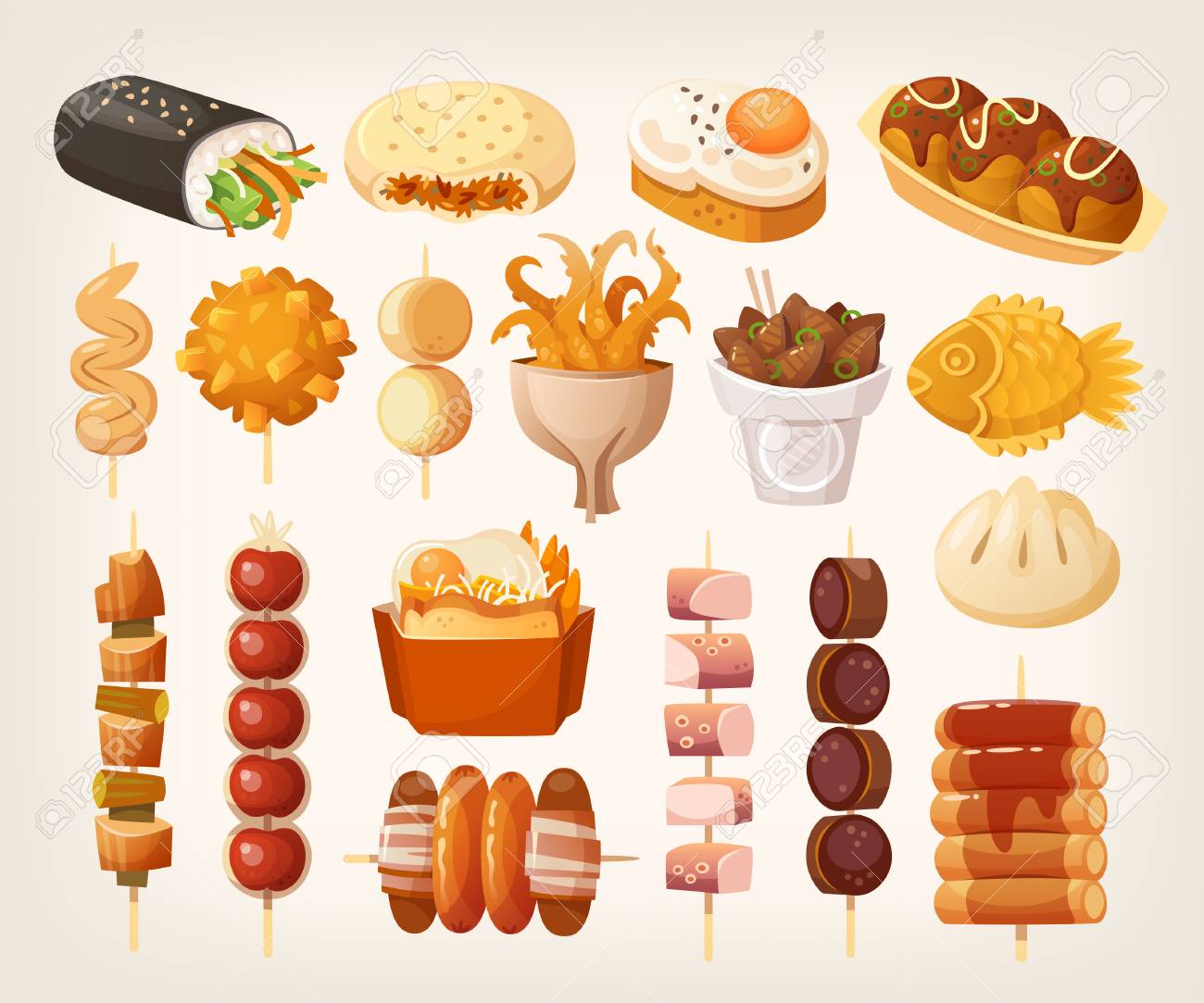 Set Of Fresh Delicious Fast Foods From Asian Streets Variety