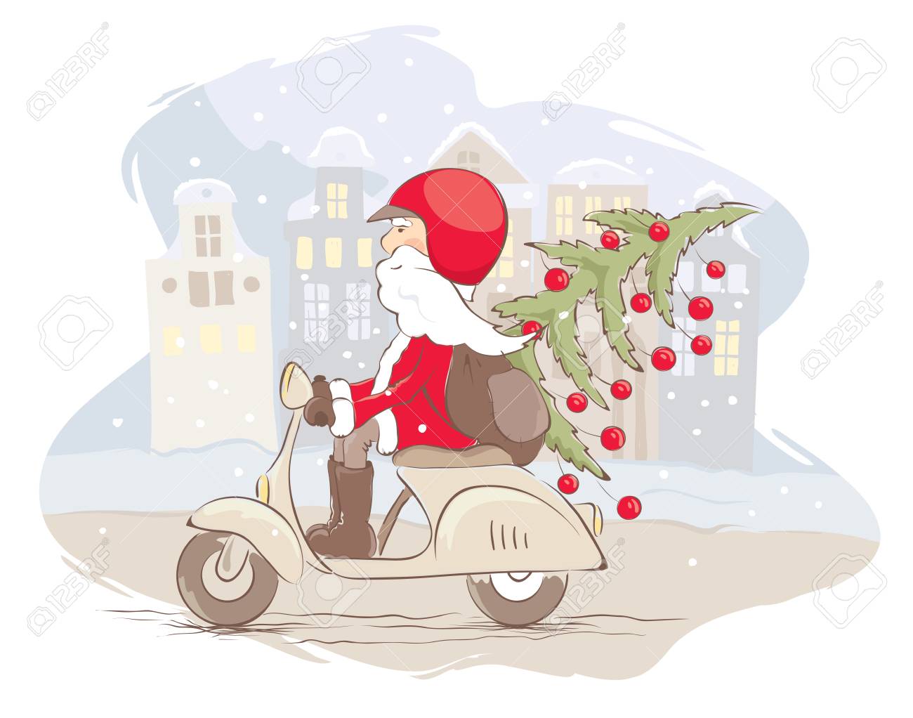 面白いサンタの古い町を通って乗り物 ベクトル クリスマス イラストのイラスト素材 ベクタ Image