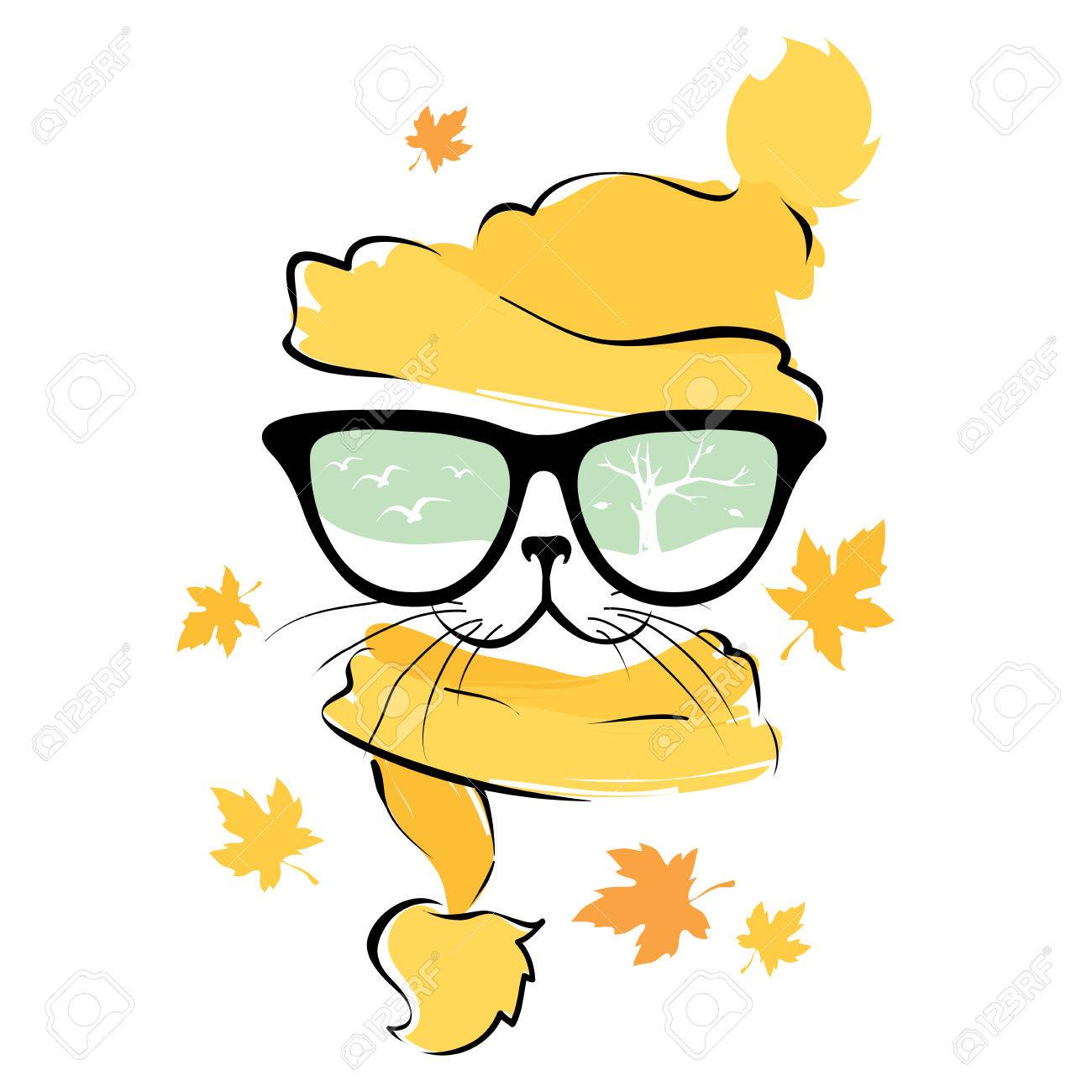 メガネ 帽子 スカーフ猫 面白い秋のイラストやはがき感謝祭の日に のイラスト素材 ベクタ Image