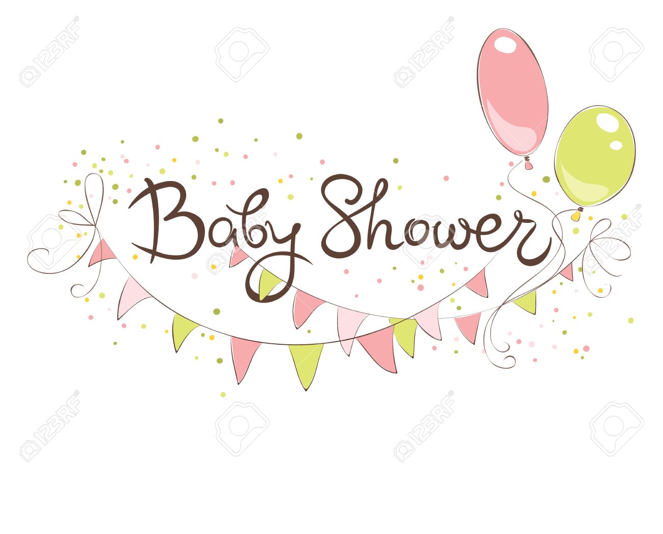 ベビー シャワーのバナー おかしい女の子のためベクトル フラグと風船のイラスト のイラスト素材 ベクタ Image