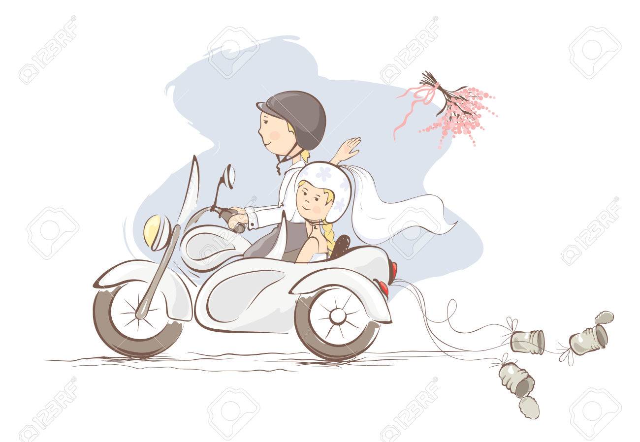 Just Married On A Motorcycle Vector Illustration Card Bride Royalty Free Cliparts Vectors And Stock Illustration Image 73299160