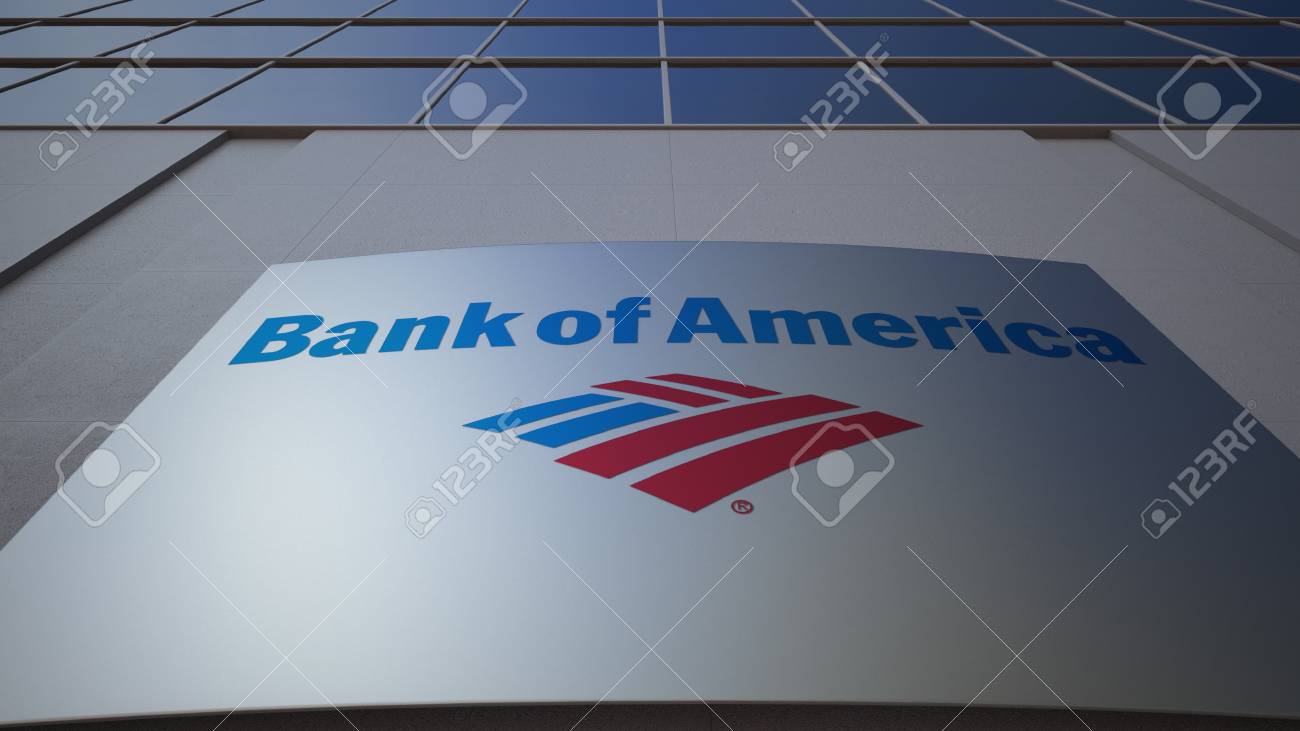 アメリカの銀行のロゴと屋外看板ボード。近代的なオフィスビル。3 D 編集の写真素材・画像素材 Image 78299144