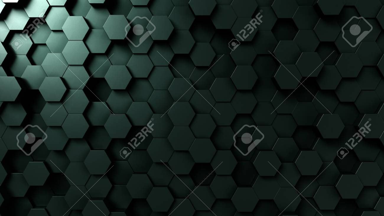 濃い緑色の六角形の背景、3D レンダリング の写真素材・画像素材
