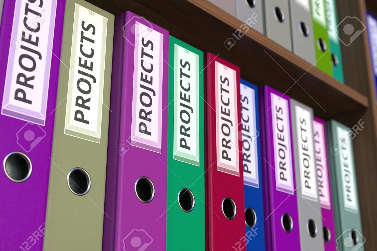 many office binders with projects inscription 3d rendering office binders