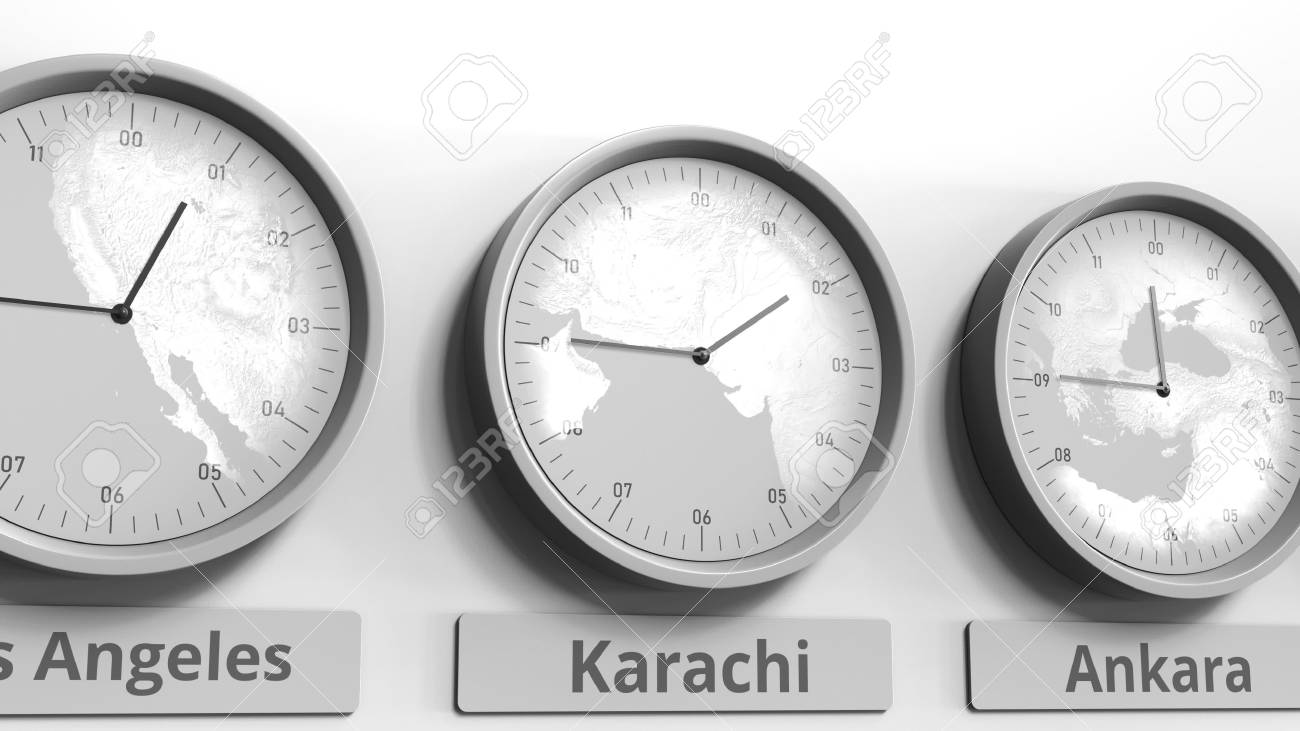 Round Clock Showing Karachi, Pakistan Time Within World Time Zones.  Conceptual 3D Rendering Stock Photo, Picture and Royalty Free Image. Image  113496620., image size:1300x731