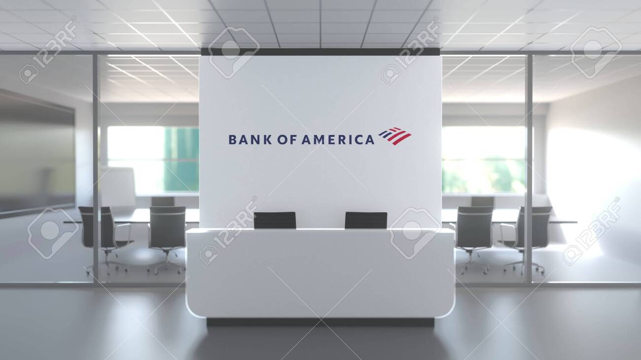 現代オフィスの壁にバンク・オブ・アメリカのロゴ、エディトリアル概念的3Dレンダリングの写真素材・画像素材 Image 139238942