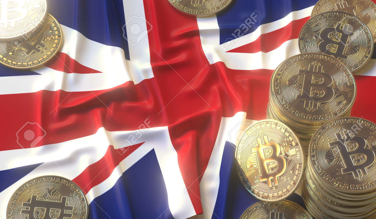 Flag Of The United Kingdom UK And Bitcoin Coins Or Tokens, Cryptocurrency  Related 3D Rendering Stock Photo, Picture and Royalty Free Image. Image  186814349.