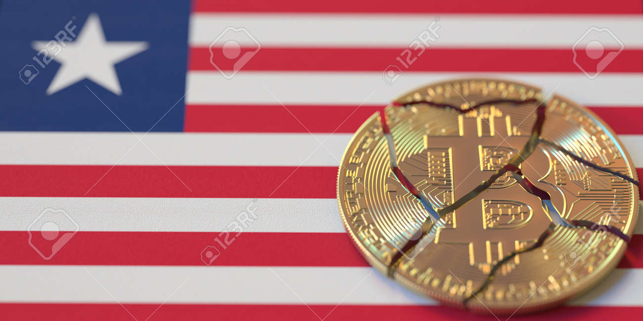 라이베리아 법적 문제 및 암호화폐 규정 문제 개념 3d 렌더링의 국기에 깨진 비트코인 로열티 무료 사진, 그림, 이미지 그리고  스톡포토그래피. Image 191079531