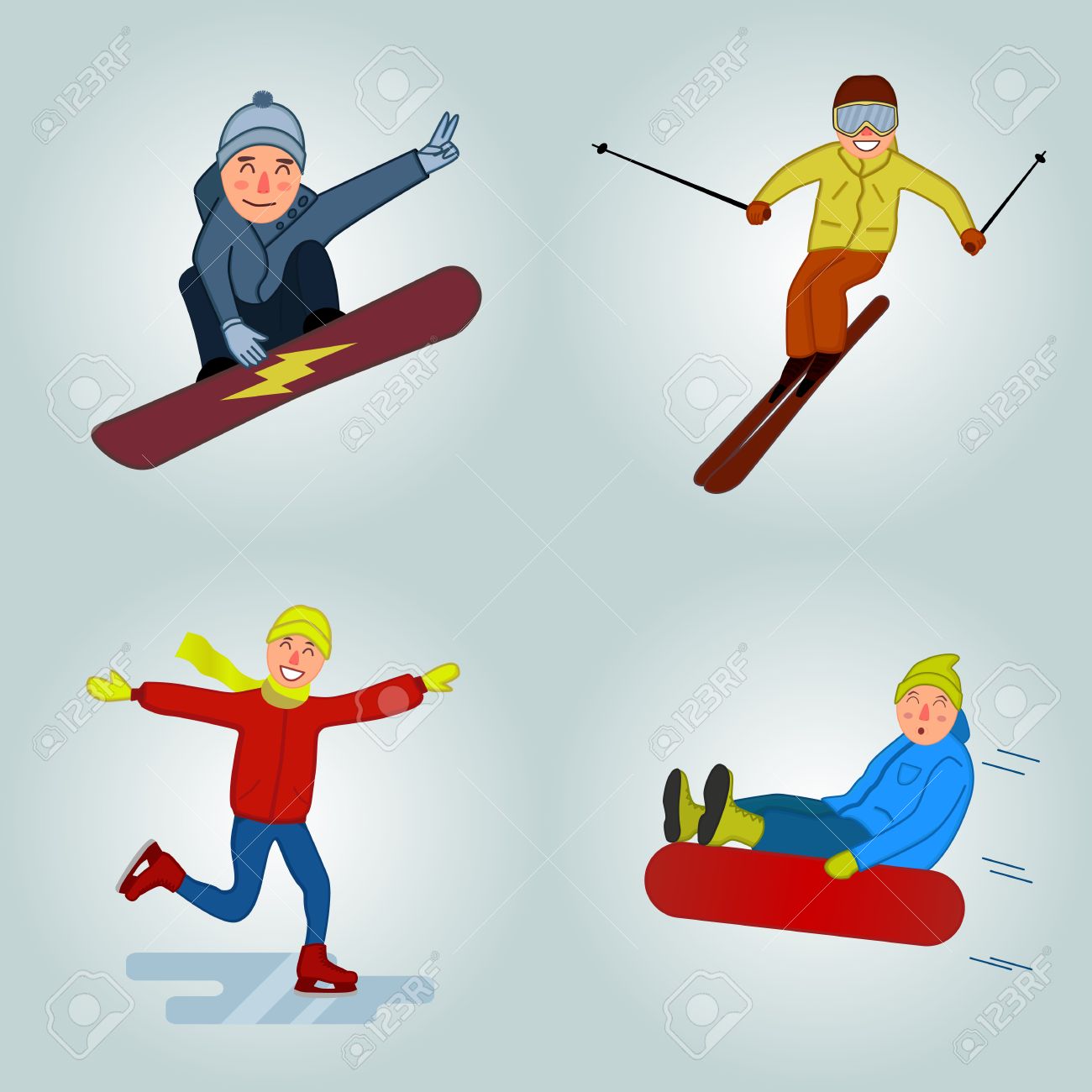冬スポーツ漫画文字冬スポーツ イラスト 面白いスキーヤー スノーボーダー 氷のスケーター チューブです スキーヤー スノーボーダーの人々 のトリック スキーヤー スノーボーダーのトリックはベクトル イラストです のイラスト素材 ベクタ Image
