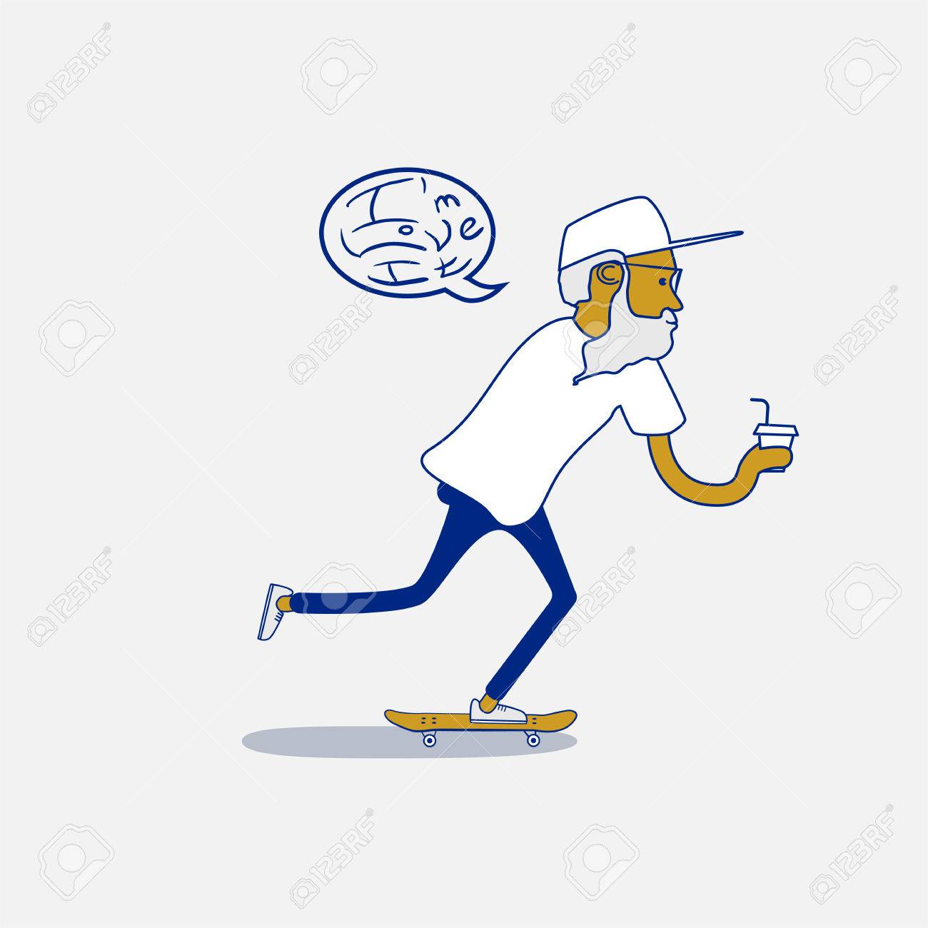 クールなベクター ヒップスター スケーター スケート ボードに乗ってひげやテイクアウトのコーヒーを飲みながら 紙コップを運ぶサングラスをかけて自信を持って大人の男の乗り物 都市市民の文字 スケート ボードの図 のイラスト素材 ベクタ Image