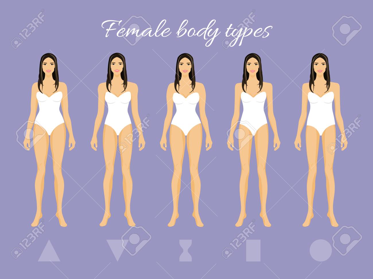 Figuras del cuerpo femenino. Formas de mujer, cinco tipos de reloj de arena, triángulo, triángulo invertido, rectángulo pera, ilustración vectorial Figuras del cuerpo femenino. Formas de mujer, cinco tipos de reloj de arena, triángulo, triángulo invertido, rectángulo pera, ilustración vectorial