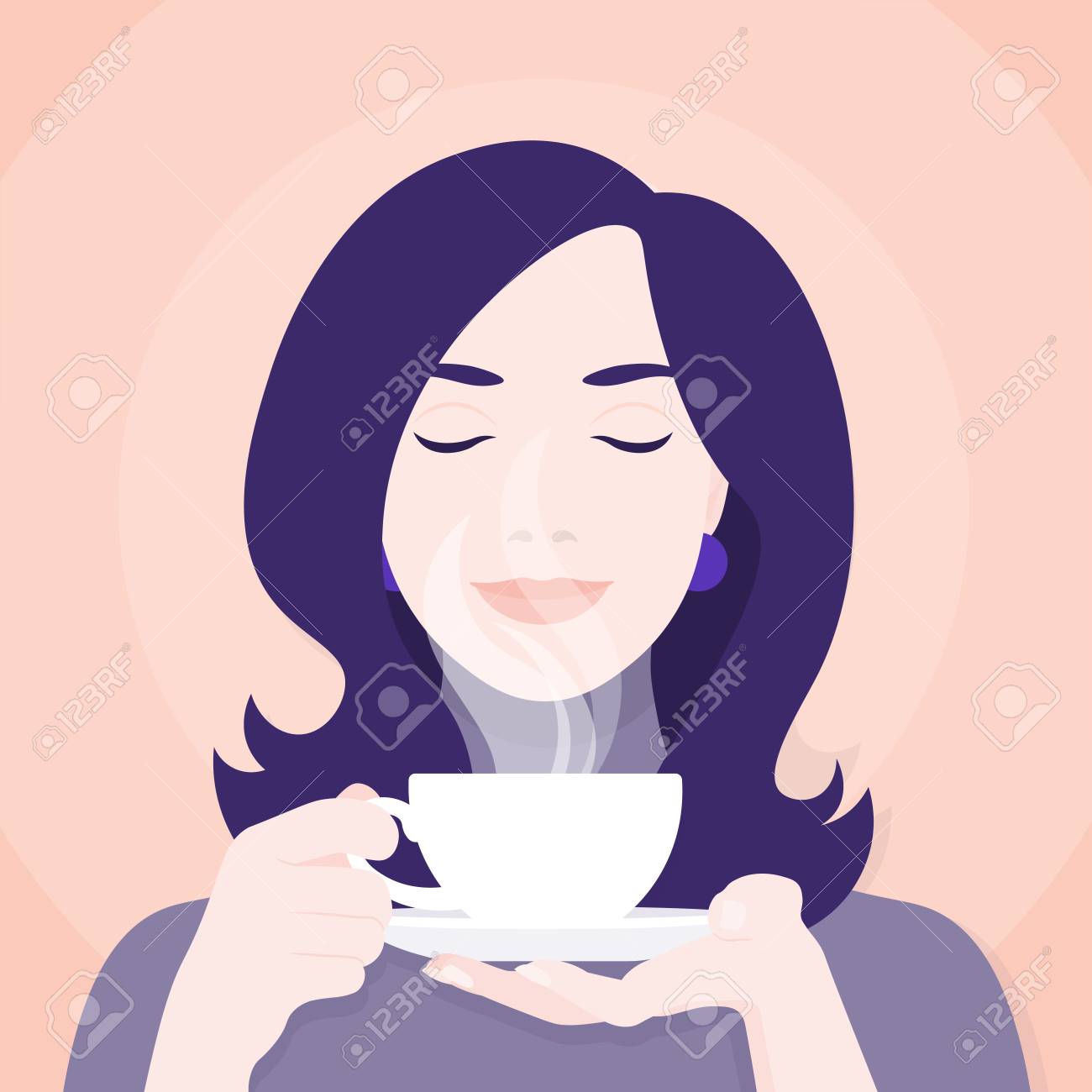 女性が紅茶かコーヒーを飲んでいます のイラスト素材 ベクタ Image