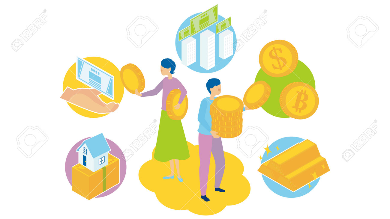 株式を分配して投資する女性と男性のイラストです。のイラスト素材・ベクター Image 191492215