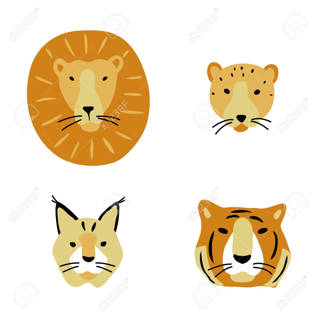 Vecteur Couleur Jaune Lion Tigre Guepard Lynx Tete Ensemble Gros Chat Animal Simple Griffonnage Style Scandinave Enfantin Pour Ton Papier Textile Conception Clip Art Libres De Droits Svg Vecteurs Et