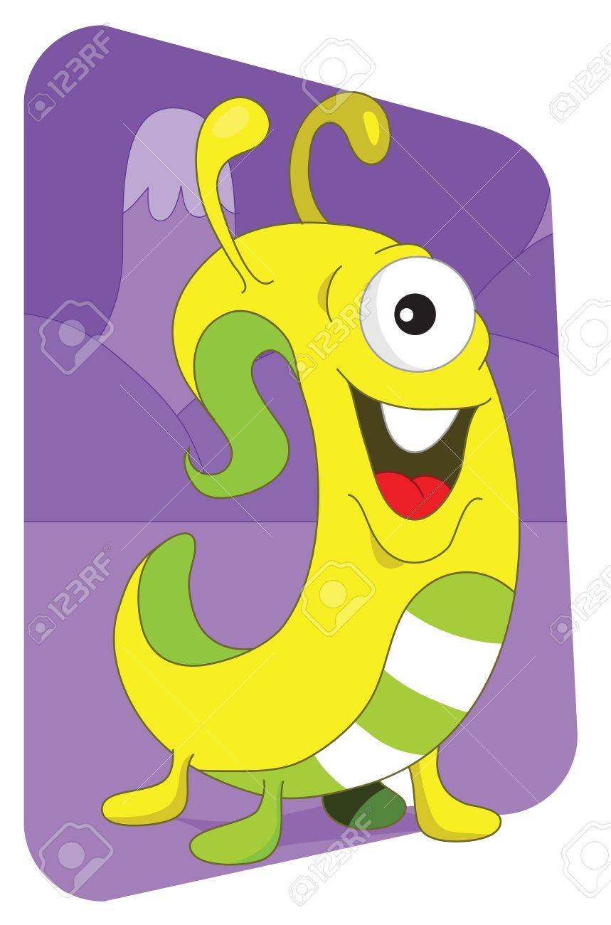 紫の山背景に黄色のミミズのような外国人モンスター のイラスト素材 ベクタ Image