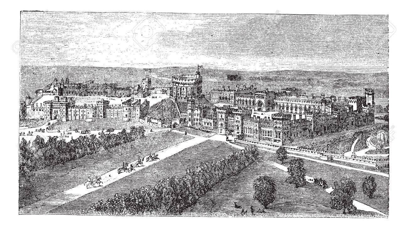 ウィンザー城ウィンザーでは バークシャー イングランド 10 年代に ヴィンテージ古い彫刻の中に刻まれたウィンザー城の図のイラスト素材 ベクタ Image