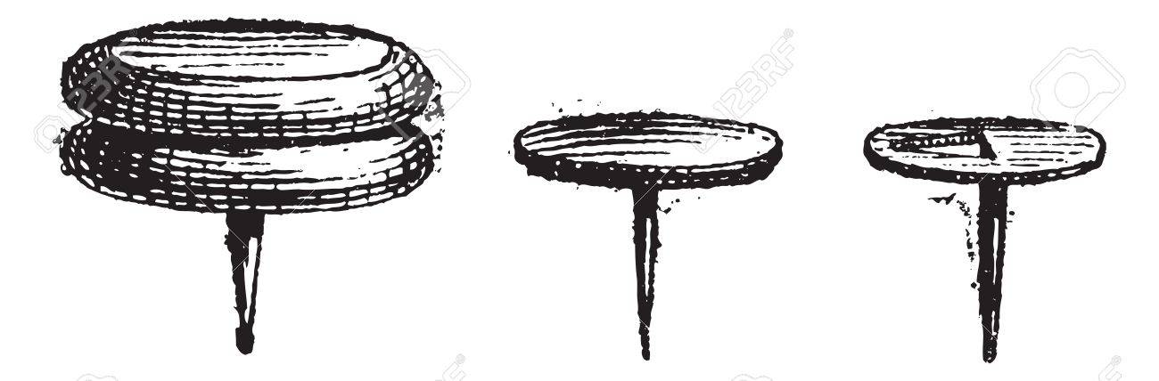 画鋲かプッシュ ピンまたは画鋲 ヴィンテージの図は刻まれています 辞書の単語との事 Larive フルーリ 15年 のイラスト素材 ベクタ Image