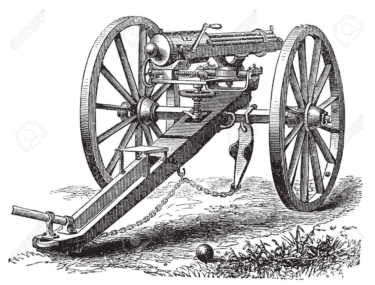 Galting 銃 ヴィンテージの彫刻 古いは Galting 銃のイラストを刻まれています ガトリング砲は 1861 年にアメリカの発明家博士リチャード J ガトリングによって設計されましたのイラスト素材 ベクタ Image Galting 銃 ヴィンテージの彫刻 古いは Galting 銃のイラストを刻まれています ガトリング砲は 1861 年にアメリカの発明家博士リチャード J ガトリングによって設計されましたのイラスト素材 ベクタ Image