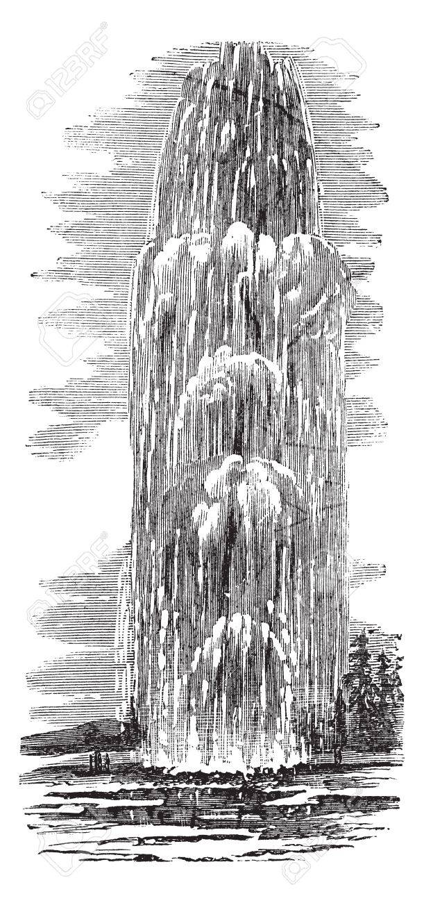 イエローストーン国立公園 アメリカ合衆国 10 年代に 時巨人間欠泉ビンテージ彫刻 古い水噴火と巨人間欠泉のイラストを刻印しました のイラスト素材 ベクタ Image