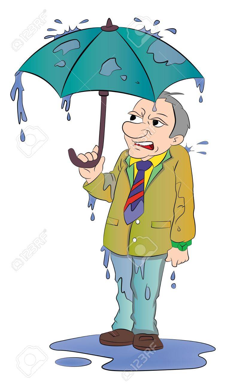 Hombre Con Un Pequeño Paraguas Y Todo Mojado La Lluvia, Ilustración Ilustraciones Svg, Vectoriales, Vectorizado Libre De Derechos. Image 22065496.