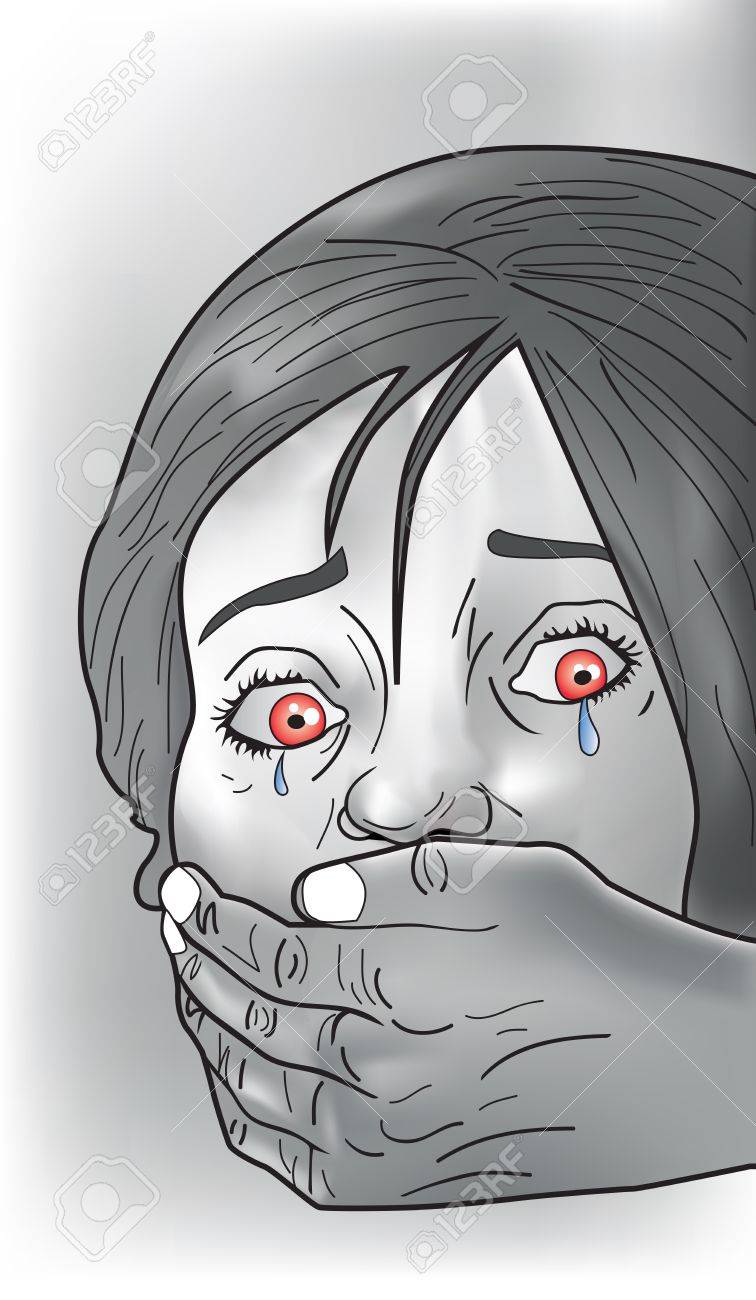 誘拐犠牲者 女性 泣いて 口を覆っている見知らぬ人の手 ベクトル イラスト のイラスト素材 ベクタ Image