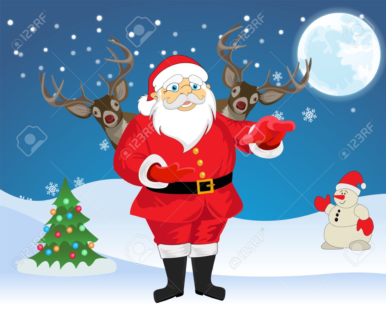 santa claus and 2 reindeer in blue and white background with christmas tree snowman - Santa Snowman 2 santa claus and 2 reindeer in blue and white background with christmas tree snowman - Santa Snowman 2