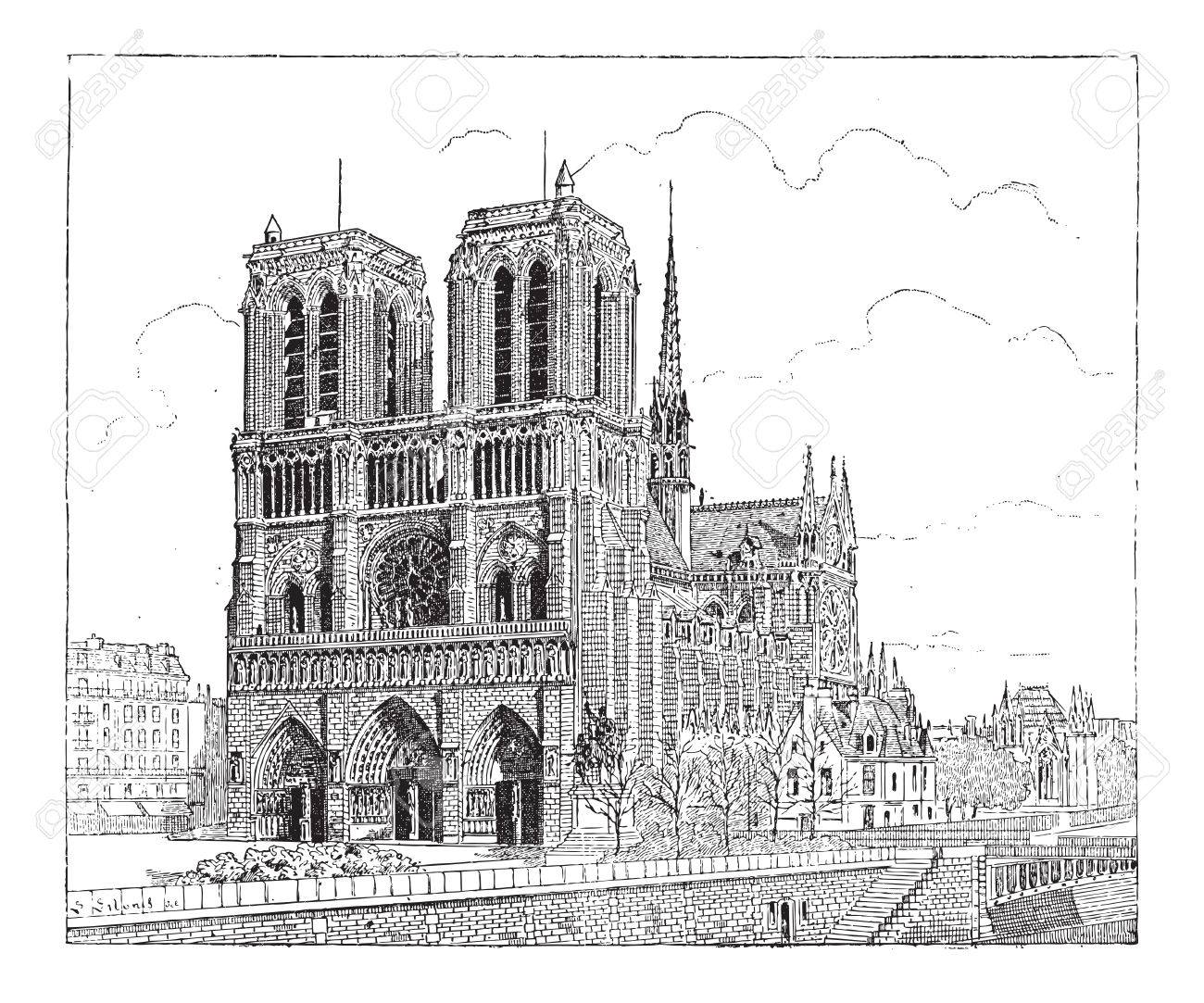 1163 で建てられたパリ フランスのノートルダム ド パリ ヴィンテージの刻まれた図 辞書の言葉や物事 Larive 氏 15 の イラスト素材 ベクタ Image