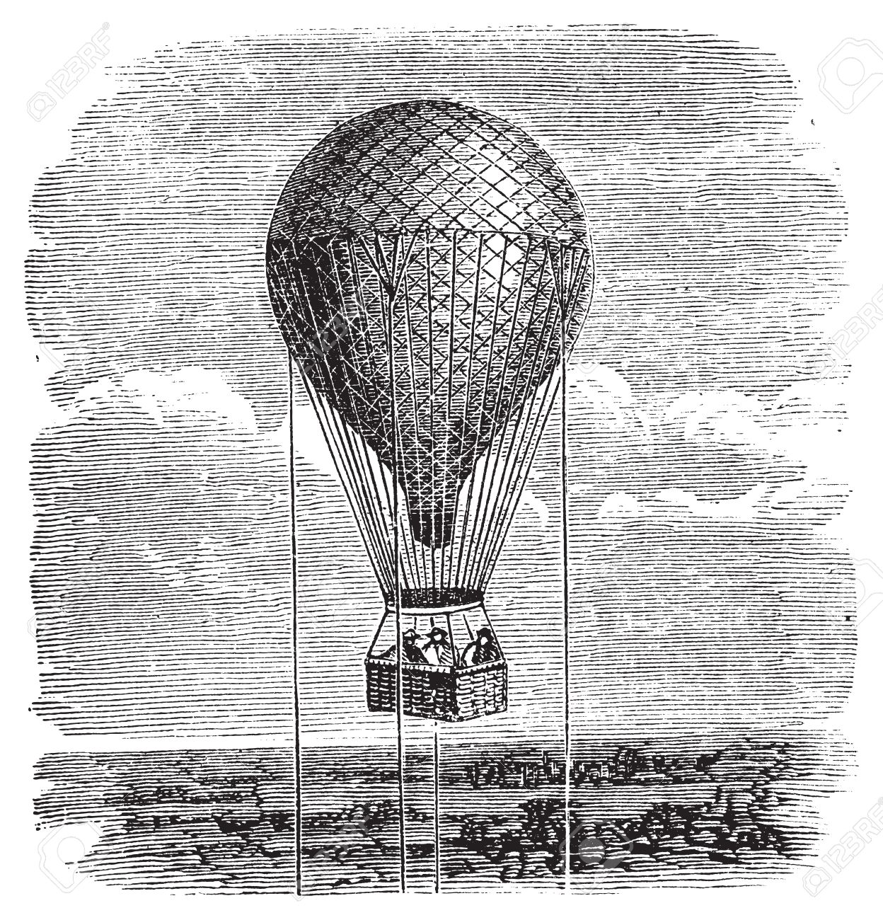 Antique Luftfahrzeug Oder Heißluftballon Vintage Illustration. Alter Stich  Von Einem Heißluftballon In Den Himmel, Mit Seilen Befestigt. Lizenzfrei  Nutzbare Vektorgrafiken, Clip Arts, Illustrationen. Image 37386348.