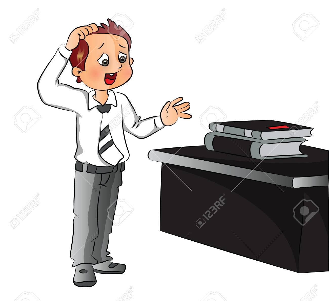 Vector Der Besorgten Geschafts Kopf Kratzen Wahrend Sie Auf Dateien Auf Schreibtisch Lizenzfrei Nutzbare Vektorgrafiken Clip Arts Illustrationen Image 37764217
