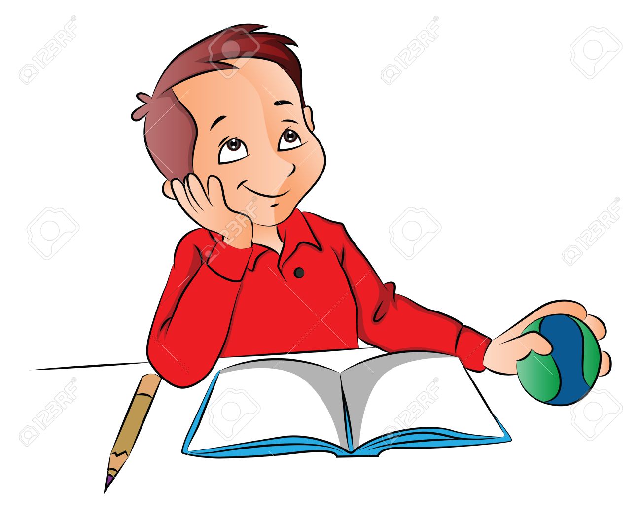 ベクトル ボールと夢を見て幸せな少年のイラスト 本 机の上の鉛筆 のイラスト素材 ベクタ Image