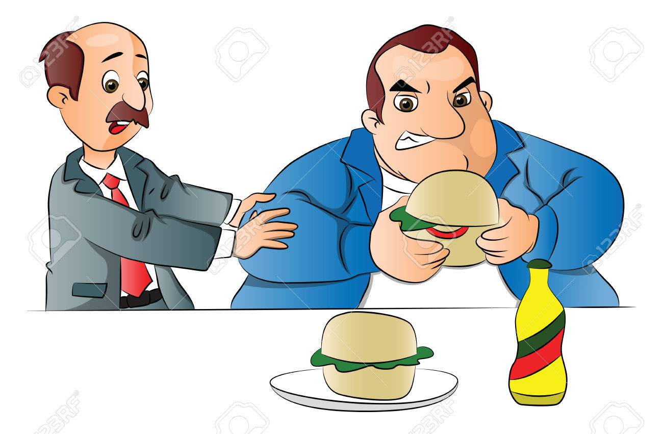 不健康なハンバーガーを食べてから脂肪の友人を停止する男性のベクトル イラスト のイラスト素材 ベクタ Image