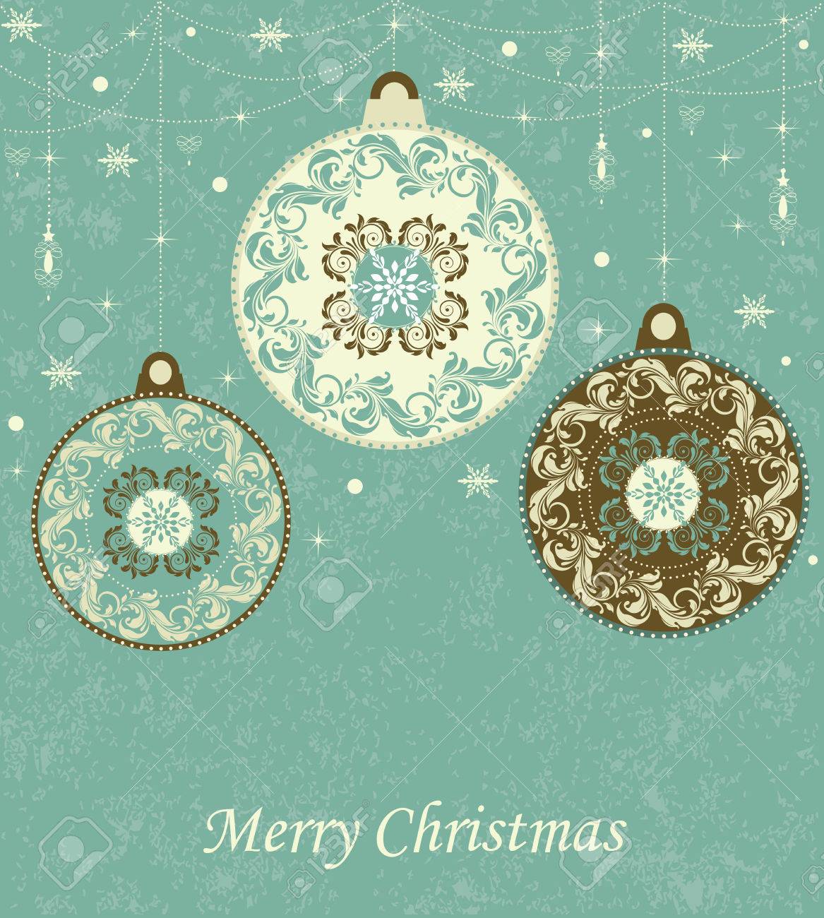 Immagini Eleganti Di Natale.Vettoriale Cartolina Di Natale Dell Annata Con Un Elegante Disegno Astratto Retro Ornato Floreale Fiocco Di Neve Stelle Di Neve Lanterne E Palle Con Pallido Giallo Verde Alloro E Color Cioccolato Fiori
