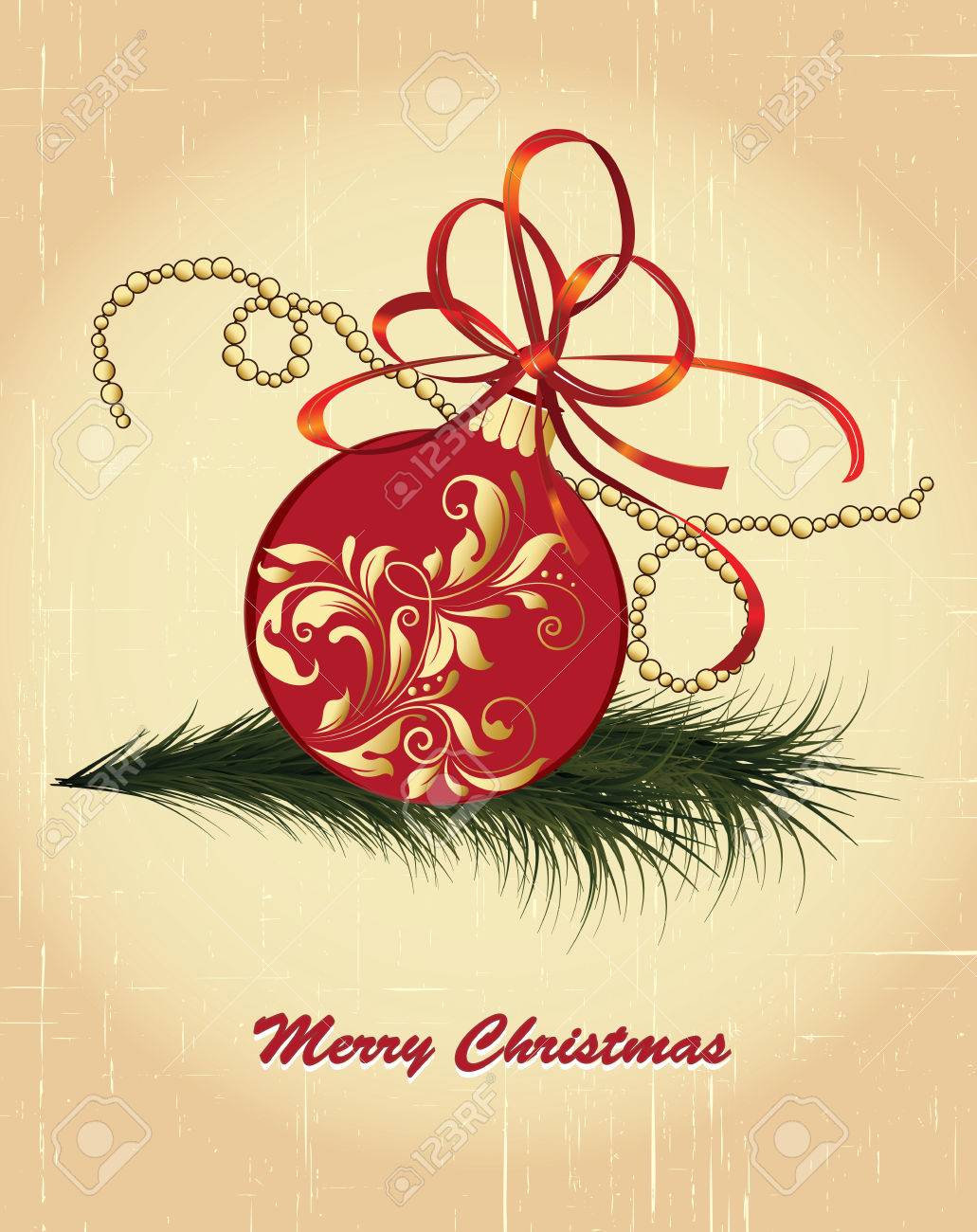 Immagini Eleganti Di Natale.Vettoriale Cartolina Di Natale Dell Annata Con Elegante Disegno Ornato Retro Astratto Floreale Palla Rossa Con Oro Fiori E Foglie Su Texture E Vinci Pallido Fondo Oro Con La Catena Tallone Nastro