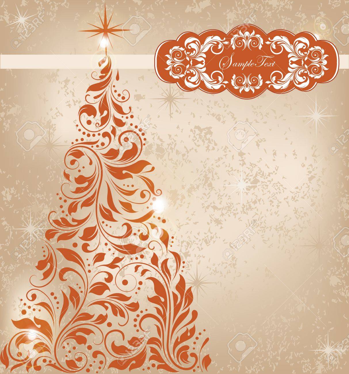 Immagini Eleganti Di Natale.Vettoriale Cartolina Di Natale Dell Annata Con Elegante Retro Disegno Floreale Astratto Ornato Fiori D Arancio Scuro Su Sfondo Oro Con Albero E Le Stelle Illustrazione Vettoriale Image 38094012