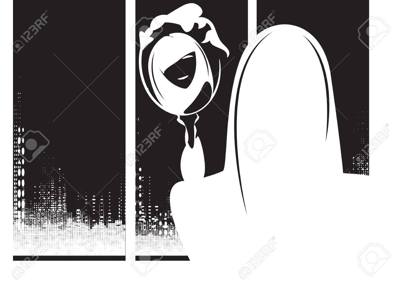 鏡に映った自分を見ている女性とヴィンテージの招待状 ベクトル イラスト のイラスト素材 ベクタ Image