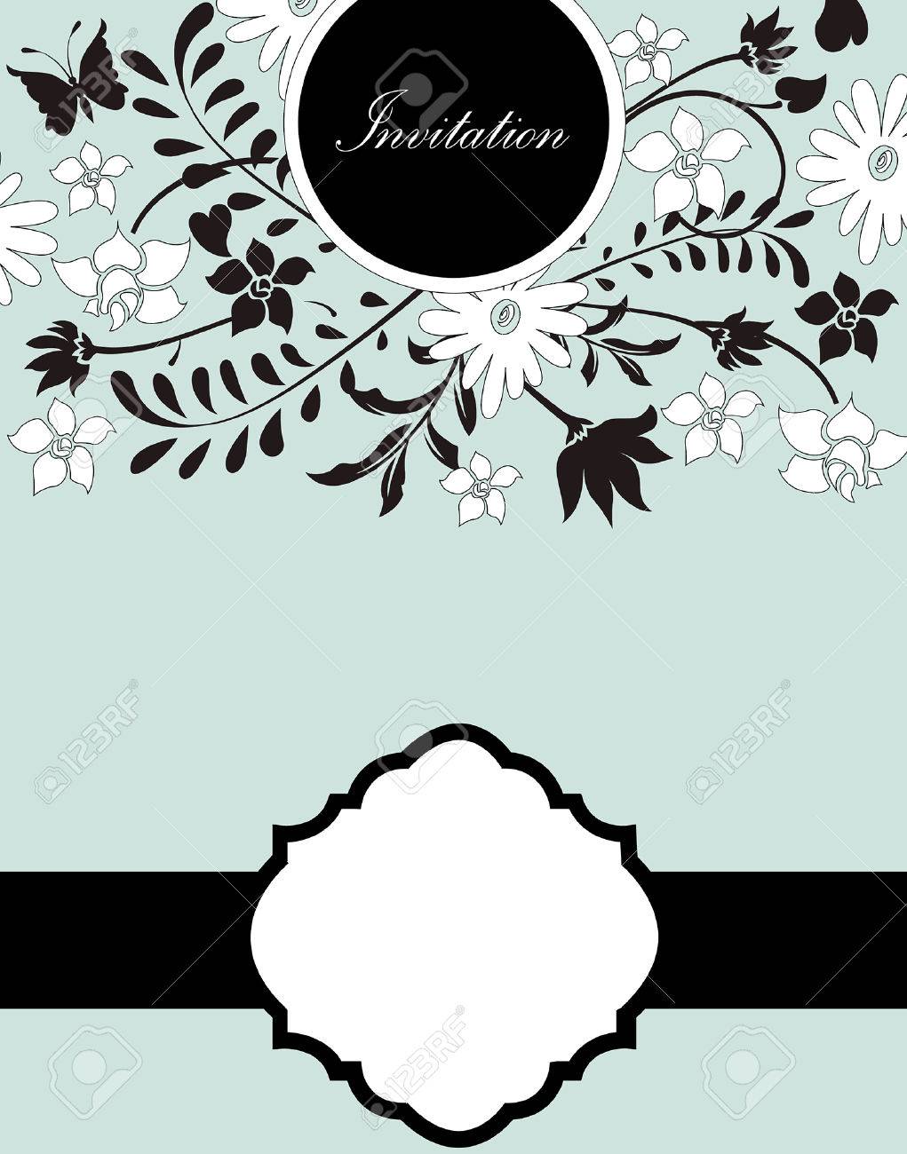 Vintage Carton Dinvitation Avec Un élégant Dessin Abstrait Rétro Orné De Fleurs Fleurs En Noir Et Blanc Et Les Feuilles Sur Fond Clair Cyan Avec