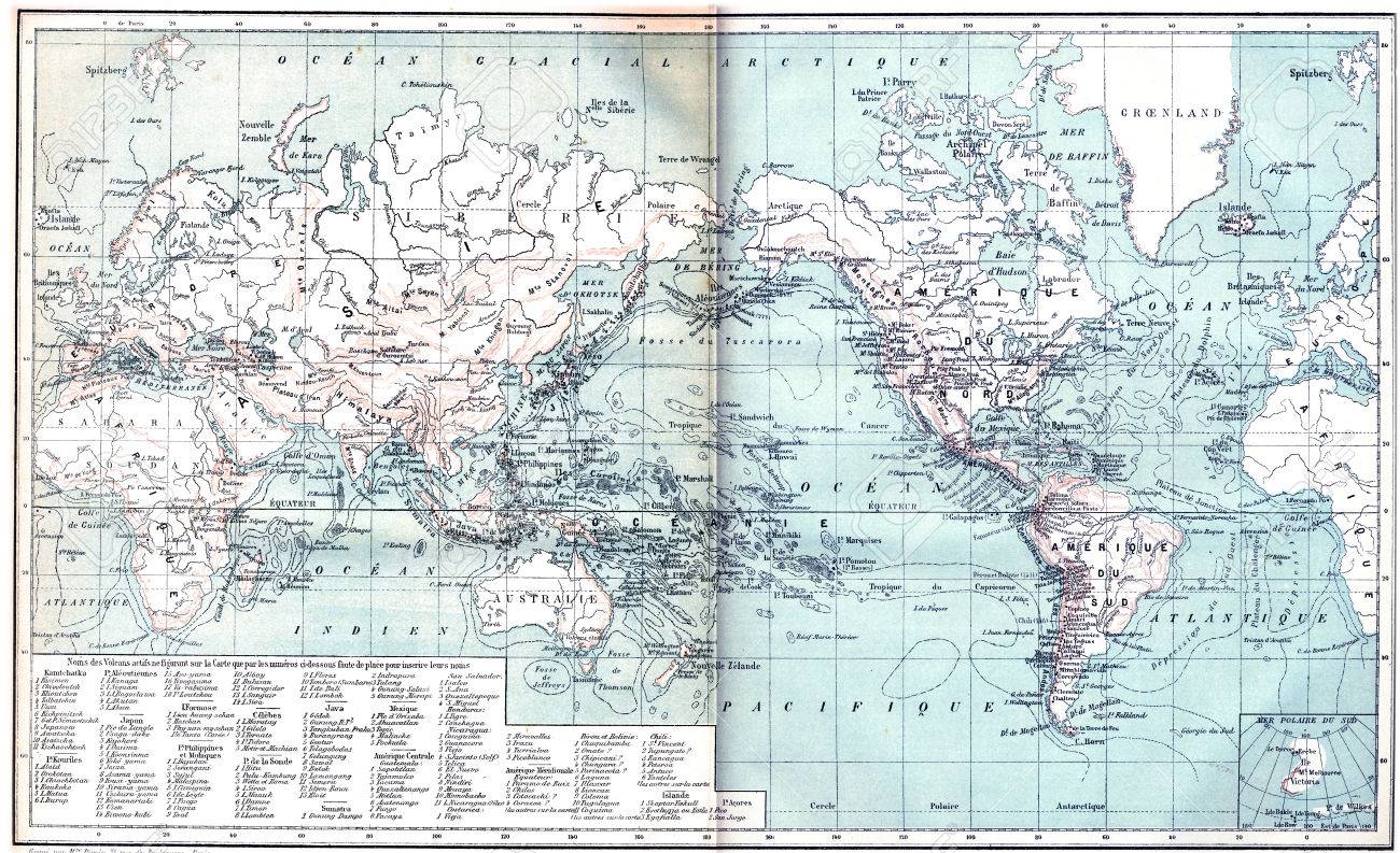 illustration map showing active volcanoes across asia europe africa and australia north and south america vintage engraved illustration