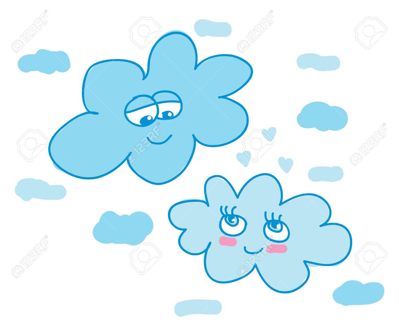 Two Clouds Looking At Each Other Happily Vector Color Drawing