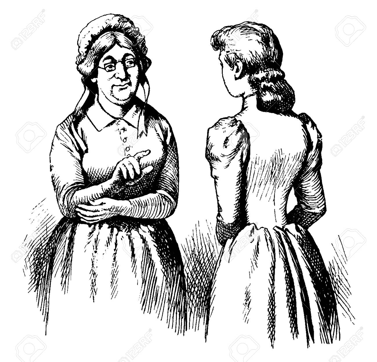 Two Women Talking Vintage Line Drawing Or Engraving Illustration Royalty Free Cliparts Vectors And Stock Illustration Image 133251514,Adorable Big Eyes Cartoon Dog