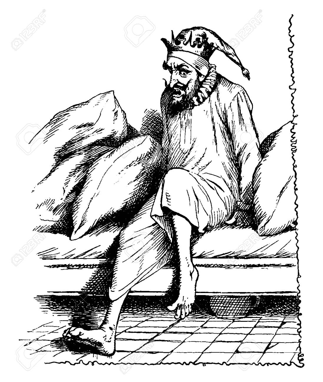 A Man Getting Out Of Bed, Vintage Line Drawing Or Engraving ...